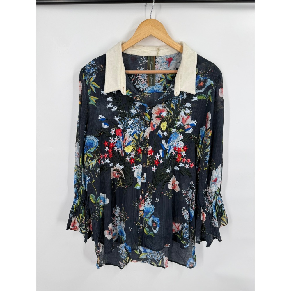 Aratta Silent Journey Floral Embroidered Button Down Top Velvet Womens L 3D Boho